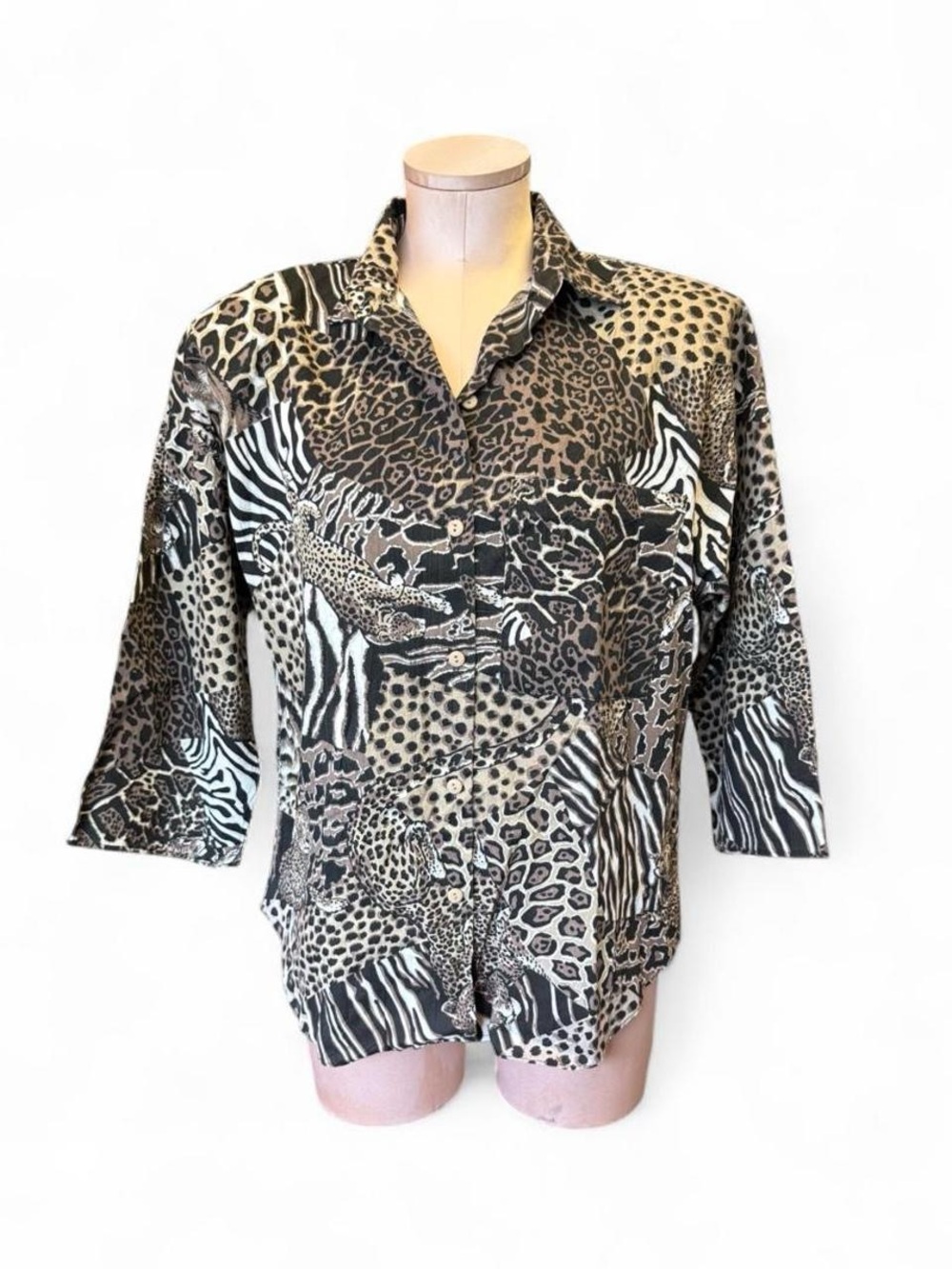 Vtg 80s Animal Print Button-Front Blouse